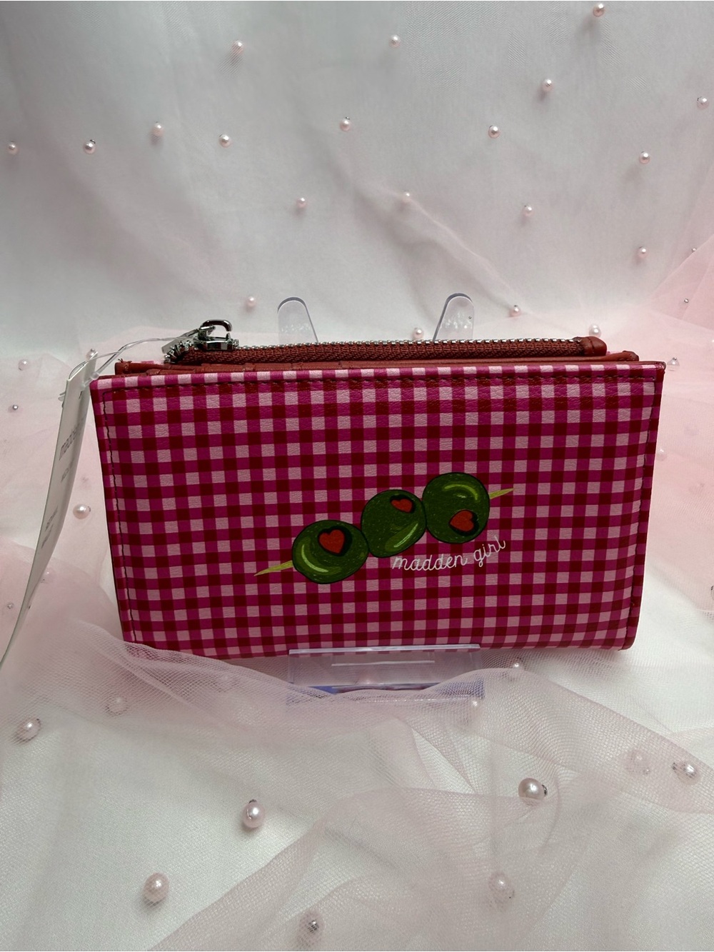 Madden Girl Pink Gingham Bifold Wallet w/ Zip Coin Pocket, Card Slots